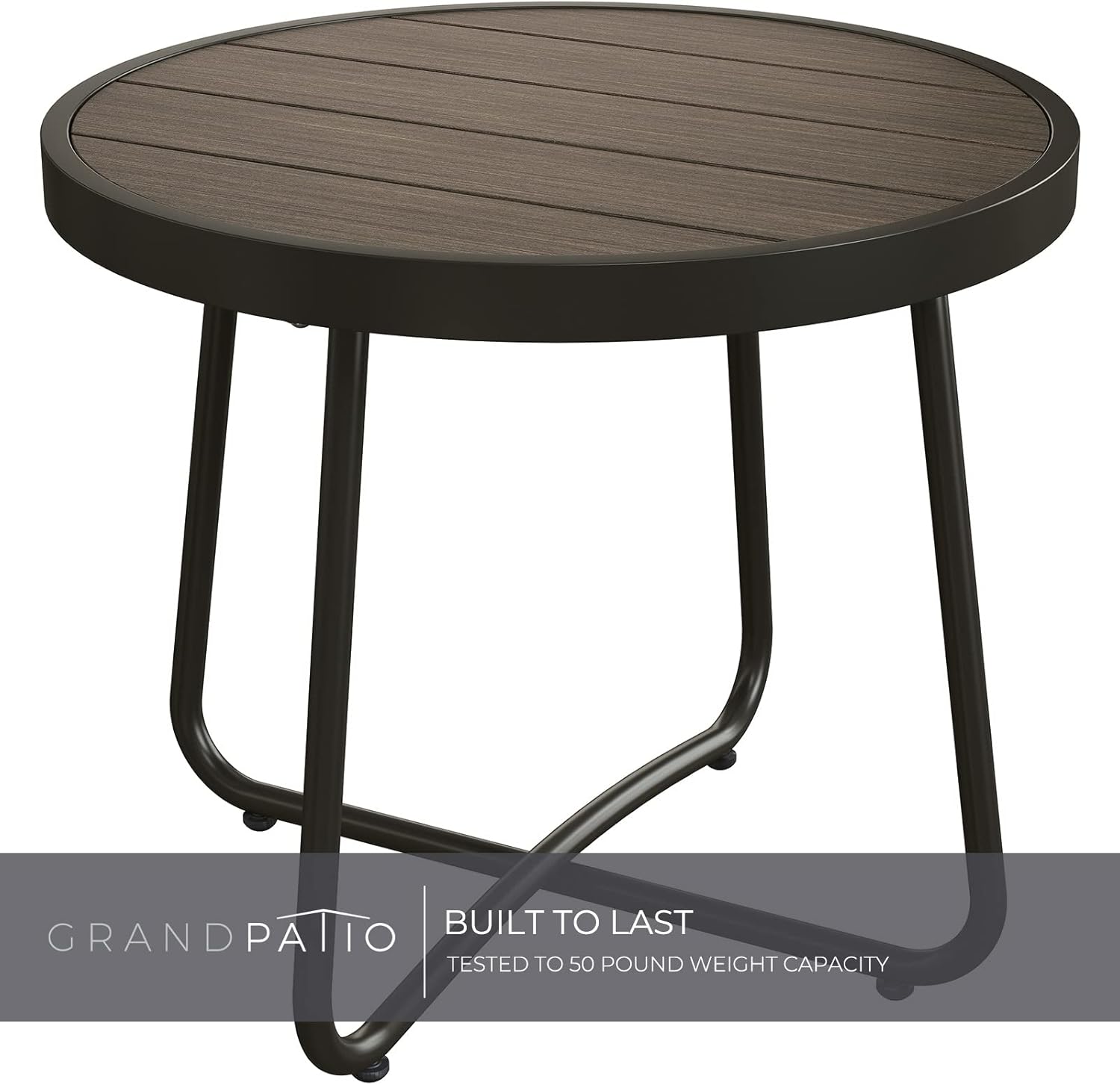 Outdoor Side Table, round End Table with Imitation Wood Tabletop, Dark Grey