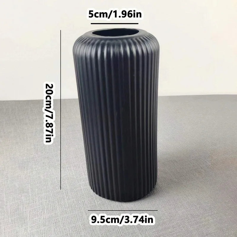 1Pc Chic Striped Ceramic-Look Plastic Vase for Flowers - Durable, Easy-To-Place Decorative Floral Display Piece